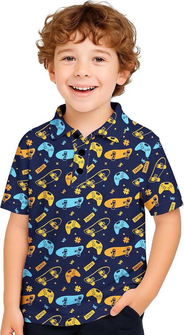 Boys Golf Polo Shirts Short Sleeve - Fun Hawaiian Performance Polo Shirt, Summer Casual Active Tops for Kids Age 7-14 (Blue)