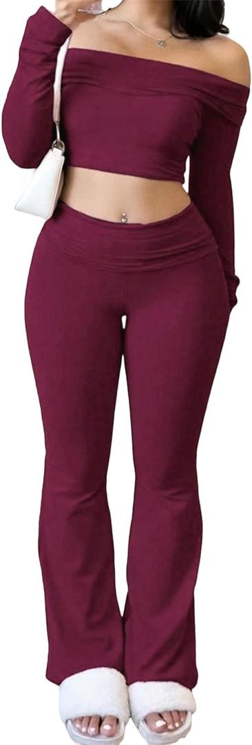 GFU 2 Piece Lounge Set Women Sexy Off Shoulder Crop Top Fold Over Flared Pants Set Workout Matching Sets Cozy Loungewear (X-Large, Wine)