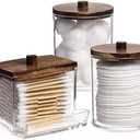 Tbestmax Qtips Holder Bathroom Container, 10 OZ Cotton Ball/Swabs Dispenser, Apothecary Jar Organizer for Storage Brown Wood Lids