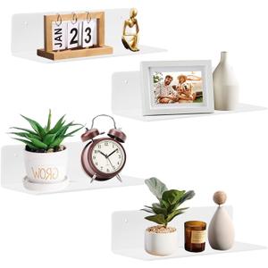 9 Inch Acrylic Floating Shelf No Drill Adhesive Wall Shelf Set of 4 for Funko Pop Storage, Floating Shelves Damage-Free Expand Wall Space for Living Room, Bathroom, Gaming Room, Office - White