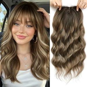 16 Inch Hair Topper for Women with Thinning Hair, Synthetic Curly Wavy Clip-In Topper with Wispy Bangs Natural Looking Crown Coverage Lightweight Hair Piece for Volume