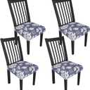 Stretch Dining Chair Seat Covers Set of 4,Dining Chair Slipcovers, Floral Printed Chair Covers,Soft Fabric Washable Upholstered Chair Seat Protector, No Rear Covers for Home Kitchen Dining Room (Light Purple Flowers + Butterflies)