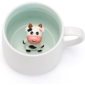 2 x Cute Cow Ceramic Coffee Mug Hidden 3D Animal In Cup Ideal Creative Holiday Christmas Gifts and Birthday Gifts for Animal Lovers Family Kids Friends Colleagues 12OZ (Black and White)