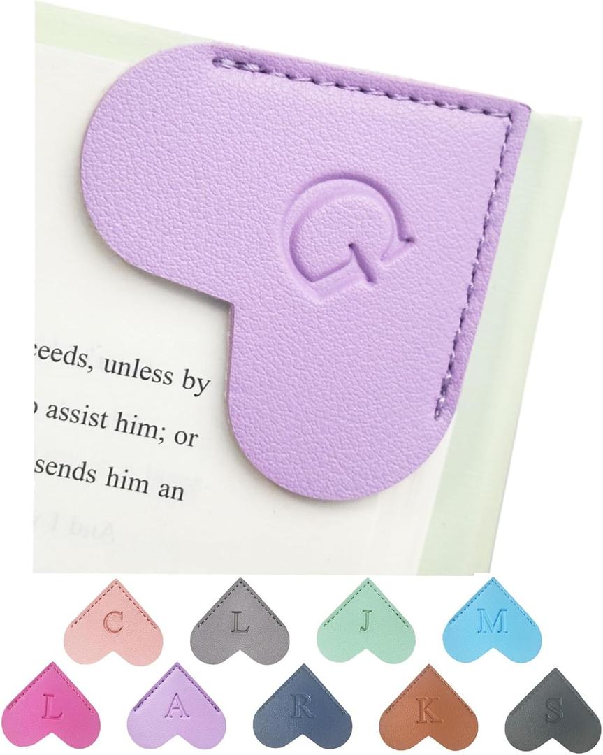 MOTEERLLU Personalized Leather Heart Bookmark with Initials, Handmade, Letter Cute Custom Corner Book Marks for Reading Women, Teachers, Students, Book Lovers, Book Accessories(Purple,G)