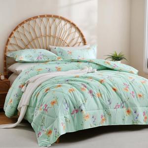 JSD Green Floral Comforter Set King Size, 3 Piece Botanical Microfiber Down Alternative Comforter with Pillow Shams, All Season Lightweight Machine Washable