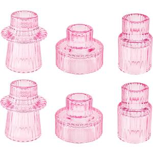 Double Sided Vintage Ribbed Taper Glass Candle Holders,Tea Candle Holder for Table Centerpieces, Wedding Decorations and Dinner Parties (Pink, 6 PCS)