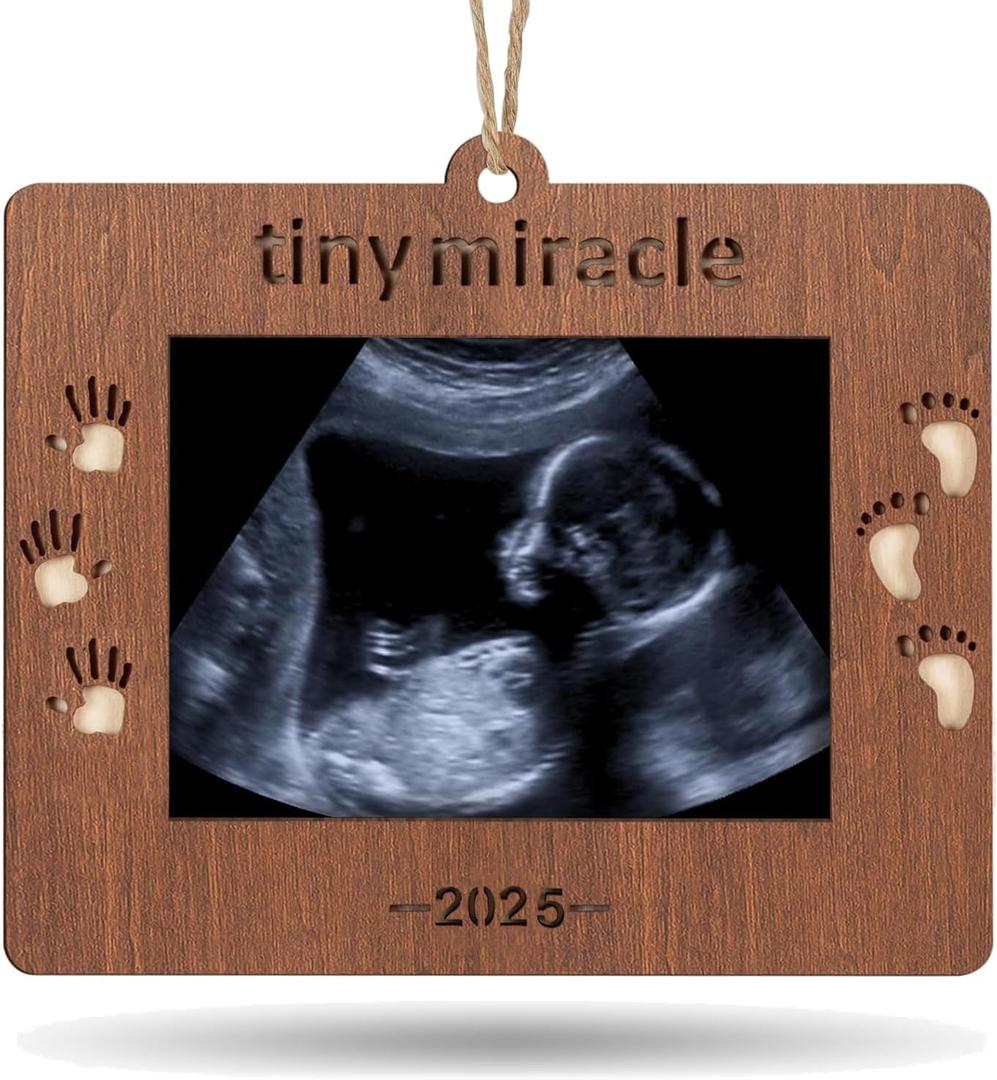 2025 Sonogram Picture Frame Tiny Miracle Ultrasound Christmas Ornament,Baby's First Wooden Christmas Keepsake Christmas Tree Decoration for Expecting Parents and Grandparents