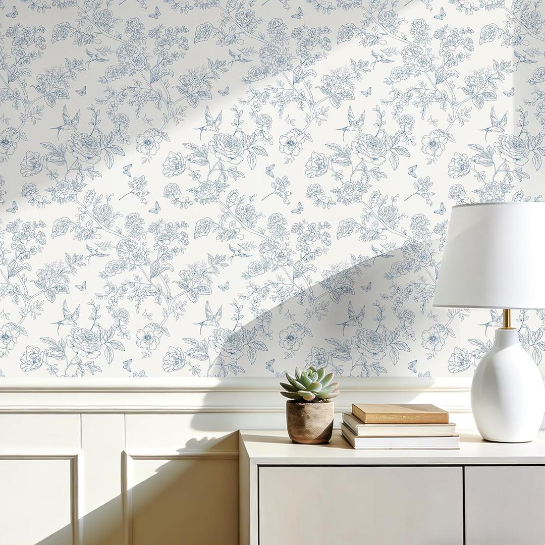 Floral Peel and Stick Wallpaper- Cream White and Blue Vintage Flowers Contact Paper for Bathroom - Boho Removable Self Adhesive Vinyl Wall Paper for Decor Shelf Linings and Cabinets,17.3" x 393"
