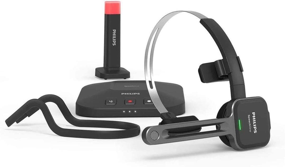 PHILIPS SpeechOne Wireless Dictation Headset with Docking Station and Status Light (Black and Silver)