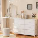 Modern Corner Vanity Desk with 6 Fabric Drawers Power Outlet Side Pocket L Shaped Drawers Makeup Desk Dressing Table for Girls Women Bedroom (6 Drawer, White)