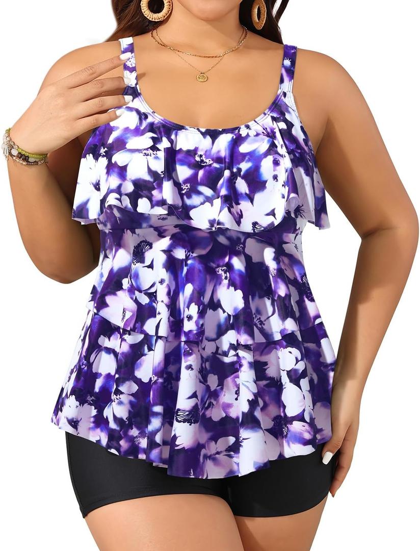 Yonique Women's Plus Size Tankini Swimsuits with Shorts Two Piece Bathing Suits Ruffle Swimsuits Tummy Control Swimwear (Purple Floral)