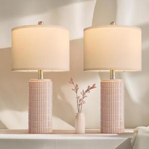 PoKat 23" Pink Ceramic Table Lamps Set of 2, Modern Bedroom Lamps for Girls Room, Bedside Lamps for Night Stands, Cute Lamps for Living Room Decor, Nightstands Desk Lamp, Pink
