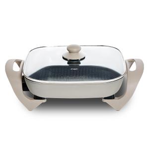 COOK WITH COLOR Electric Skillet - 12" x 12" Ceramic Nonstick Pan, PFAS-Free, 1400W, Tempered Glass Lid, Variable Temperature, Removable Heating Probe, Cool-Touch Handles, Sand (Greige)