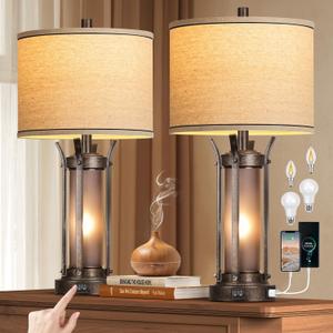 QiMH Farmhouse Table Lamps for Living Room, Rustic Beside Lamps for Bedroom with USB A+C Charging Ports, Nightstand Lamp with Frosted Glass Night Light for Home Decor, 4 Bulbs Included (Bronze) (Bronze-Style 1)