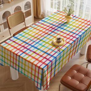 Rainbow Rectangle Plaid Tablecloth 63x87 Inch- Washable, Wrinkle Resistant- Perfect for Parties, Dining, and Home Decor