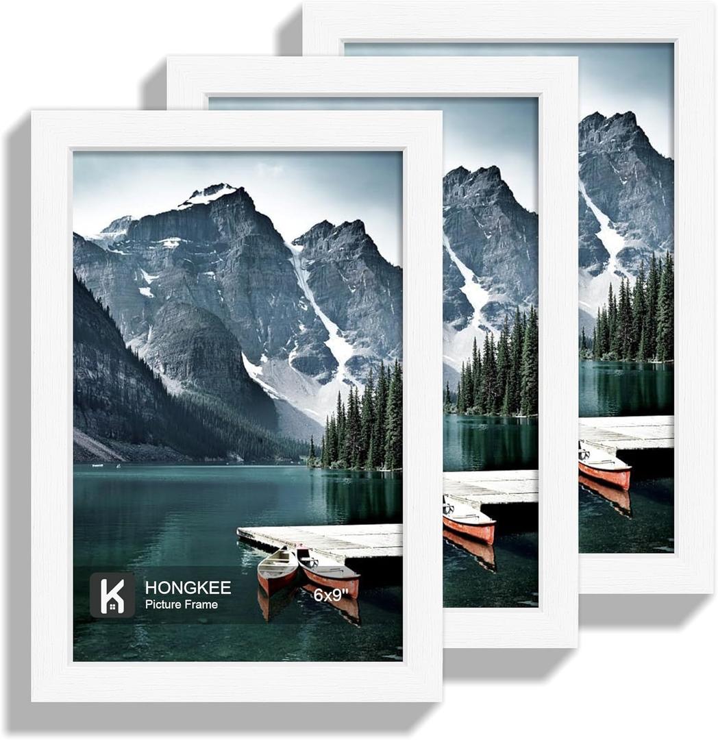 Hongkee 6x9 Picture Frame - Made of Real Glass and White Wooden Frame, 6 by 9 Photo for Wall or Tabletop Display, 3 Pack