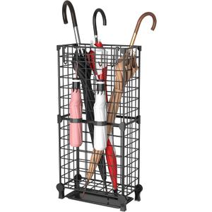 AWTATOS Umbrella Holder Entryway, Umbrella Stand Freestanding, Metal Square Umbrella Rack Organizer with a Removable Drip Tray, Hooks, Black