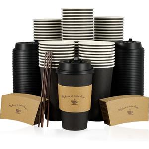 LITOPAK 100 Pack 16 oz Paper Coffee Cups with Lids, Black Disposable Coffee Cups with Lids, Sleeves and Stirring Sticks, for Parties, Picnic, Travel, and Events