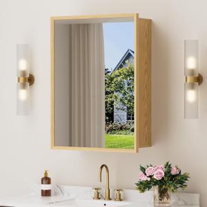 20x28 Inch Wood Medicine Cabinet with Mirror, Surface or Recessed Mounted Bathroom Cabinets with Adjustable Shelves, Soft-Close Hinges, Wall Mounted Cabinet for Storage, Oak-Grain