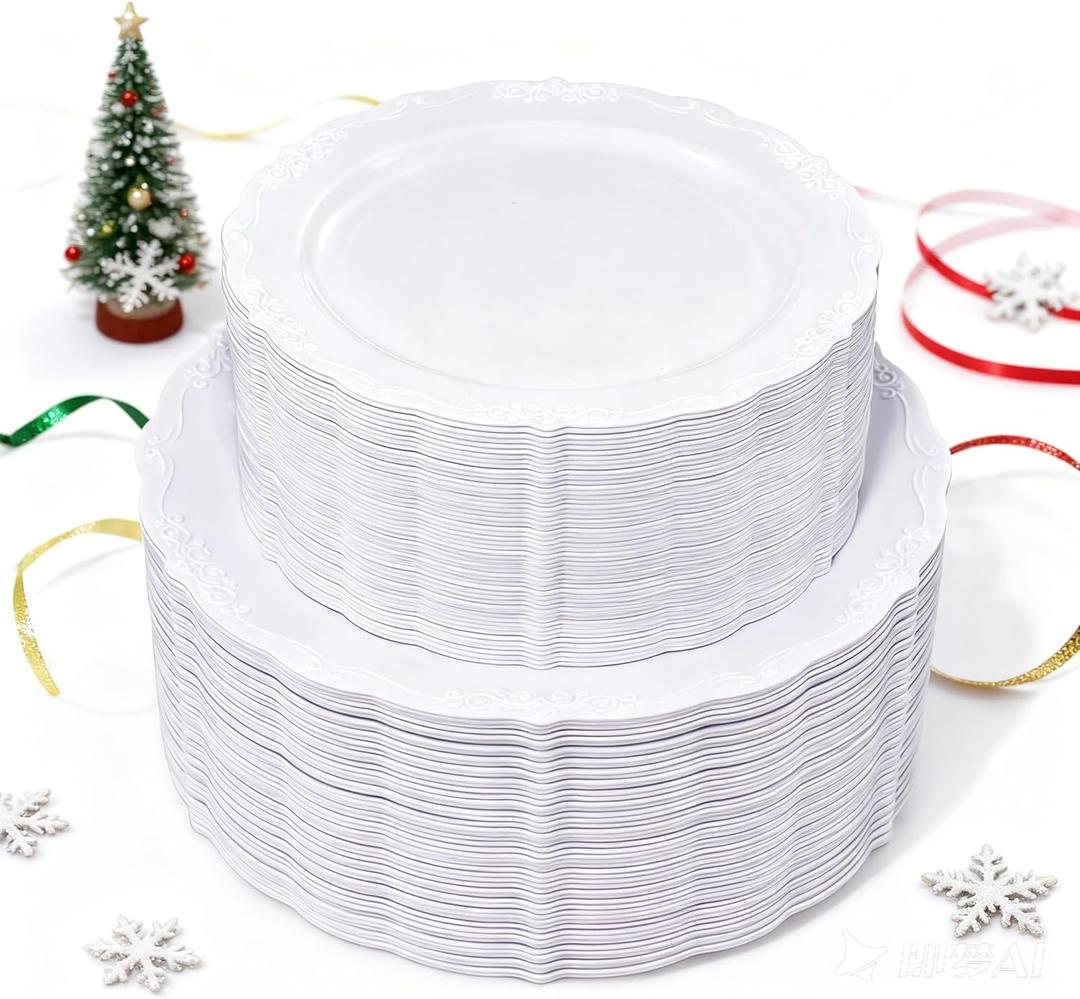 U-QE 100 Pieces White Plastic Plates - White Disposable Plates - Premium Hard Plastic Disposable Plates for Christmas and Party Use Including 50 Dinner Plates 10 '' & 50 Dessert Plates 7.5 ''