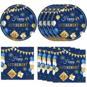 40 PCS Retirement Party Decorations Blue Gold Retirement Party Decorations Supplies Tableware Plates and Napkins for Woman Men Table Cloths Party Favors | Serve 20