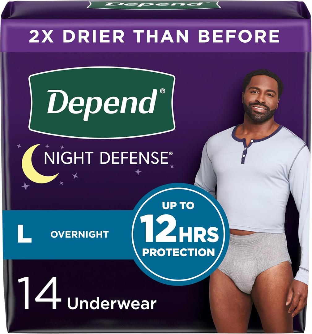 Depend Night Defense Adult Incontinence Underwear for Men, Disposable, Overnight, Large, Grey, 14 Count, Packaging May Vary