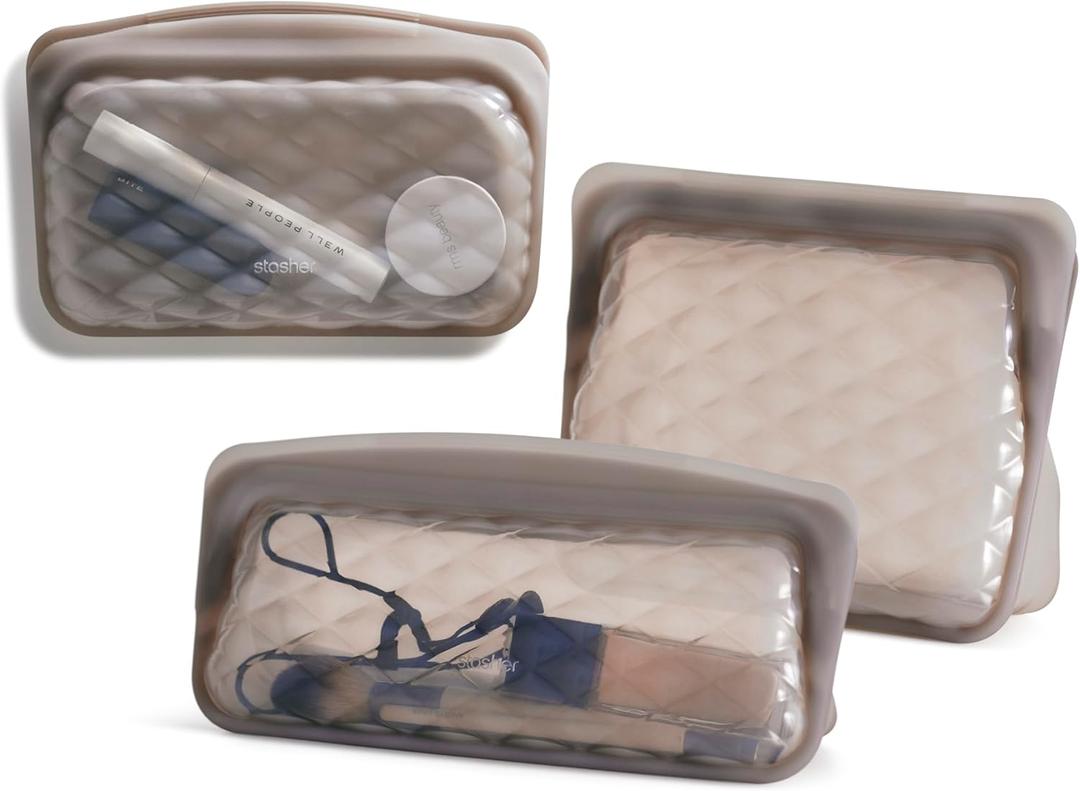 Stasher Silicone Reusable Makeup Bags, 3-Pack, Travel Essentials, Makeup Bag Organizer, Dishwasher & Heat Safe, TSA Friendly Toiletry Bags, Waterproof Bag, BPA Free, Leak-free, Eco Friendly, Taupe