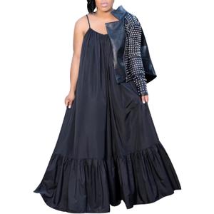 Adogirl Women's Sexy Spaghetti Strap Sleeveless Ruched Ruffle Hem Bandage Oversized Beach Loose Long Maxi Swing Dress (Large, Black)
