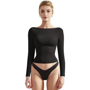 SUUKSESS Women Crew Neck Long Sleeve T Shirts Double Lined Tight Fitted Crop Top (X-Small, Black)
