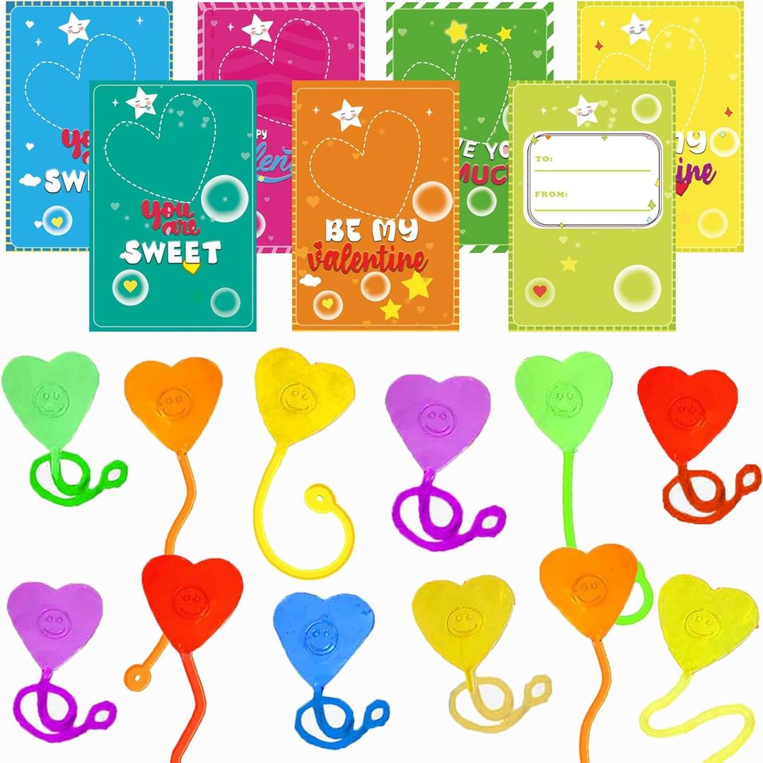 2 x 28 Pack Valentine Sticky Hands Toy with Valentines Cards for Kids Valentine Party Favors Valentine School Classroom Exchange Gift