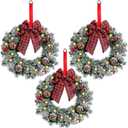 Geosar 3 Pcs Lighted Christmas Wreath, 13.8 Inch LED Christmas Wreaths with Buffalo Check Bow Pine Cone Berry, Small Lighted Xmas Window Wreaths for Front Door Wall Party Decor (Frosted)