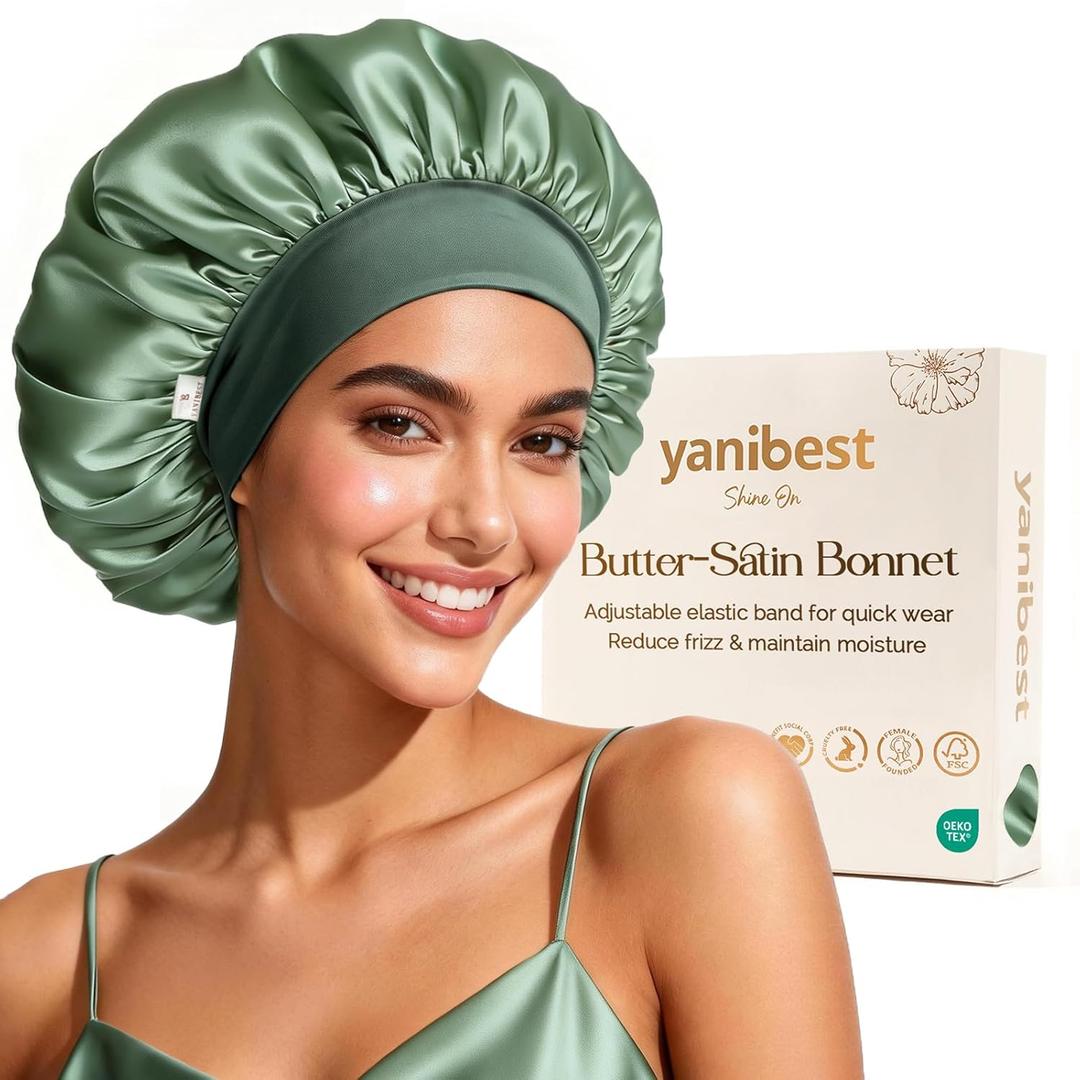 YANIBEST Silk Bonnet for Sleeping Women, Double Layer Hair Satin Bonnets with Elastic Band, Sleep Cap Curly Natural Hair (One Size, Green)