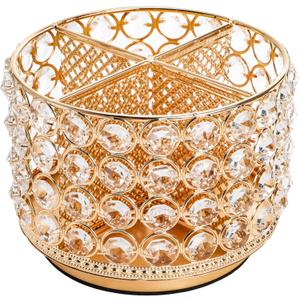 Hedume Crystal Vanity Organizer with 4 Compartments, 360 Degree Rotating Makeup Brush Holder, 4-Slot Glitter Gold Spinning Cosmetic Brushes Display Multi-Functional Desk Organizer Home Decor