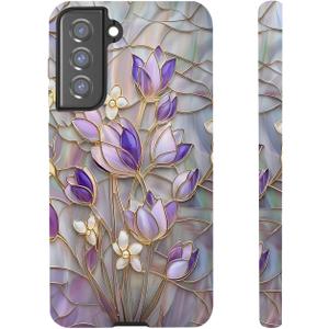 For Samsung Galaxy S22, Stained Glass Purple Floral Dual-Layer Hard Shell+Silicone Cover-Shockproof Protective Phone Case for Women Girls