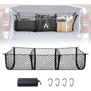 BUMBEE Heavy Duty Mesh Cargo Net 3 Pocket Trunk Bed Storage for 2005-2024 Toyota Tacoma Car, SUV, Pickup Truck Bed with Metal Carabiners Storage Bag(46x14x17Inch)