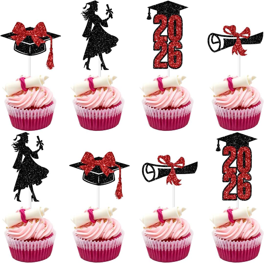 24PCS Congrats 2026 Cupcake Toppers, Class of 2026, Congratulations Girl, Senior High School College Girls Graduation Party Decorations Black & Red Glitter