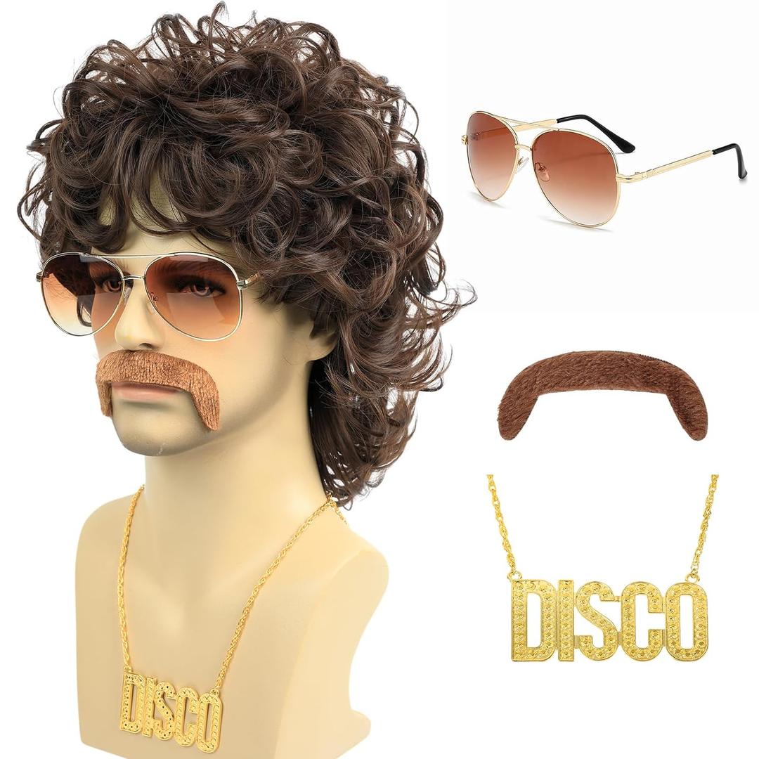 Bettecos 70s Disco Wigs for Men - Brown Curly 80s Mullet Wig for Halloween Costume Party Male Afro Funny Wigs with Glasses Necklace and Mustache (Brown)