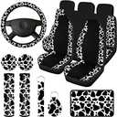 Frienda 13 Pcs Mixed Cow Print Car Seat Cover Full Set for Women Men Print Car Accessories Rubber Steering Wheel Armrest Pad Cover Seat Belt Pads Wrist Holder Keychain, White and Black