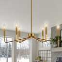 Gold Farmhouse Chandeliers for Dining Room, 6-Light Modern Chandelier Light Fixture, Brushed Brass Industrial Candle Lighting Hanging Ceiling for Living Room Bar Kitchen Island Lights