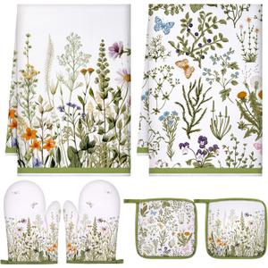 Leinuosen 6 Wild Flower Kitchen Towels Kitchen Decor and Accessories Set Floral Plant Oven Mitts and Pot Holders Sets Farmhouse Absorbent Dish Towels for Cooking Baking Grilling (Green)