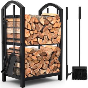 AMAGABELI GARDEN & HOME Firewood Rack with Tools 5-Piece Indoor Fireplace Wood Holders Outdoor Log Holder Rack Lumber Storage Stacking Stove Wrought Iron Large Logs Fireplace Tools Set Black