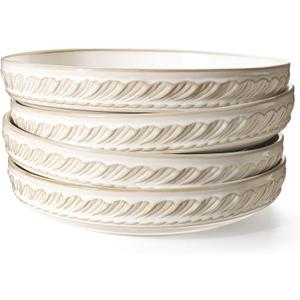 Artena Pasta Bowls, 50oz Large Salad Serving Bowls, 9.75'' Plates Bowls Set of 4, Big White Ceramic Soup Bowls for Kitchen, Embossment Shallow Dinner Bowl, Microwave Dishwasher Safe, Willow Leaf