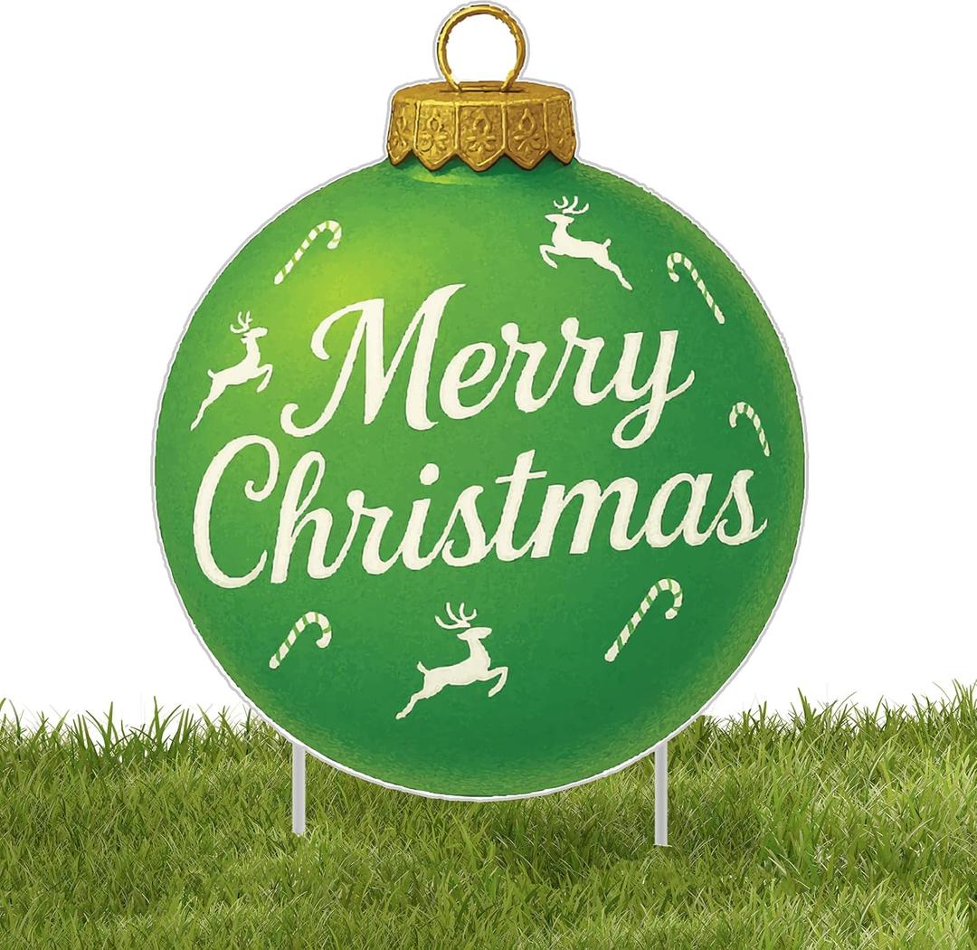 Merry Christmas Green Ornament Classic Yard Sign for Home Decor and Lawn Decoration With Stakes, Green Merry Christmas Sign Tree