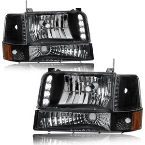 Pair Headlights for 1992-1996 Ford F150 F250 F350 Bronco Replacements w/LED Running Light Bar Amber Reflector Black Housing