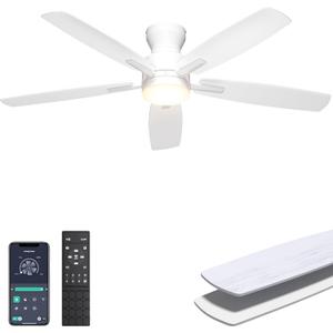 Ceiling Fans with Lights, 52'' Low Profile Ceiling Fan with Light and Remote/APP Control, Modern Flush Mount Ceiling Fan for Indoor Bedroom Living Room, Dimmable, Qiuet DC Motor, White