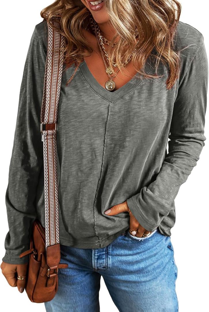 EVALESS Womens Tops Fashion V Neck Long Sleeve Shirts Casual Fall Outfits Basic T Shirts Blouses Top Women's Clothing, Size S (Grey)