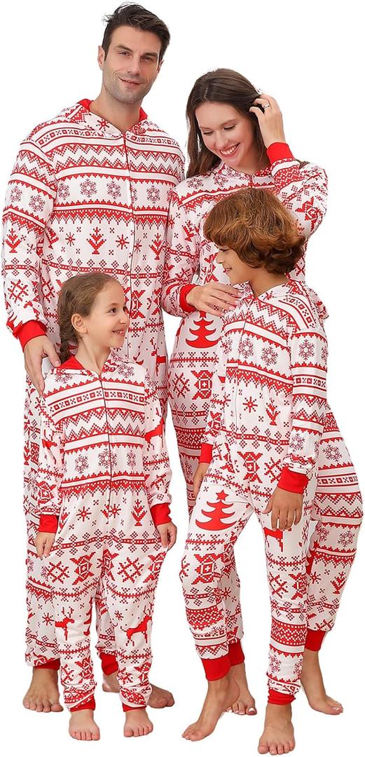 Family Matching Christmas Onesie Pajamas, Hooded One Piece Xmas Pajamas Onesie Adult Pajama for Women/ Men/ Couples Holiday Adult Onesie Pjs Sleepwear (Men, L, Red Snowflake)