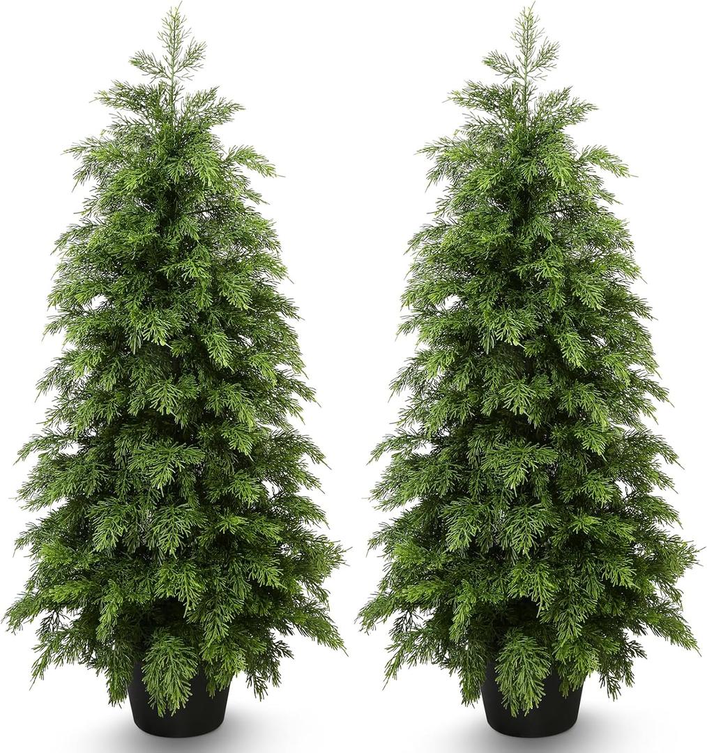 3ft Artificial Cedar Topiary Trees 2 Pack,Real Touch Cedar Tree Faux Plants Potted UV Resistant Evergreen Tree for Outdoor Indoor Door Garden Farmhouse Home Decoration