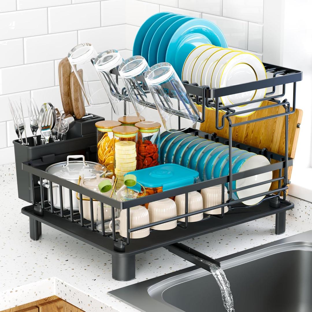 Dish Drying Rack, 2 Tier Dish Racks for Kitchen Counter, Compact Drying Rack Kitchen, Rust-Resistant Dish Drainer, Detachable Space-Saving Dish Rack with Drainboard, Utensil Holder, Black