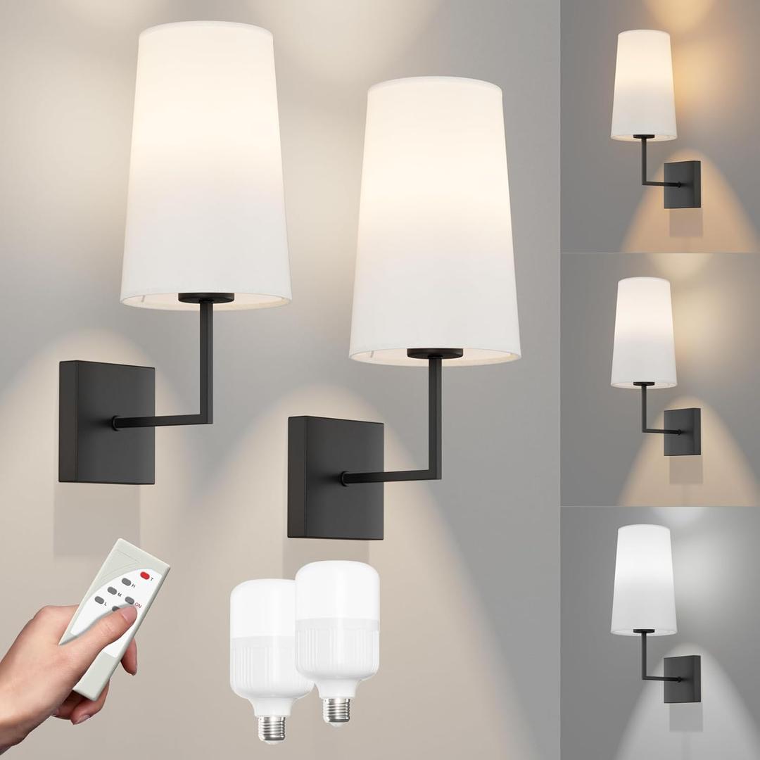 Black Wall Light Fixtures,2 Pack Bathroom Vanity Light Fixture,No Wiring Required Remote Control Wall Lamp Dimmable for Bathroom,Bedroom,Hallway,Kitchen